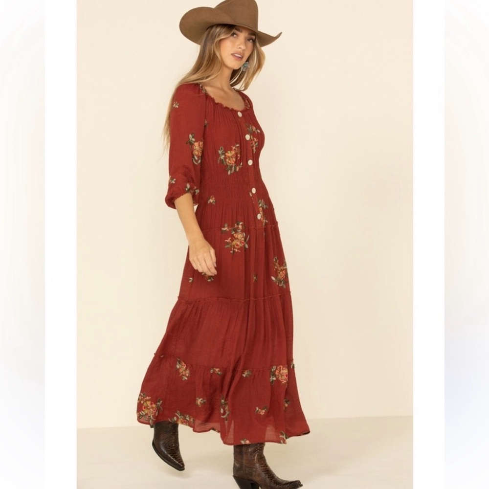 Fig and Flower Anthropologie Tiered Maxi Dress Embroidered Smocked Boho Floral